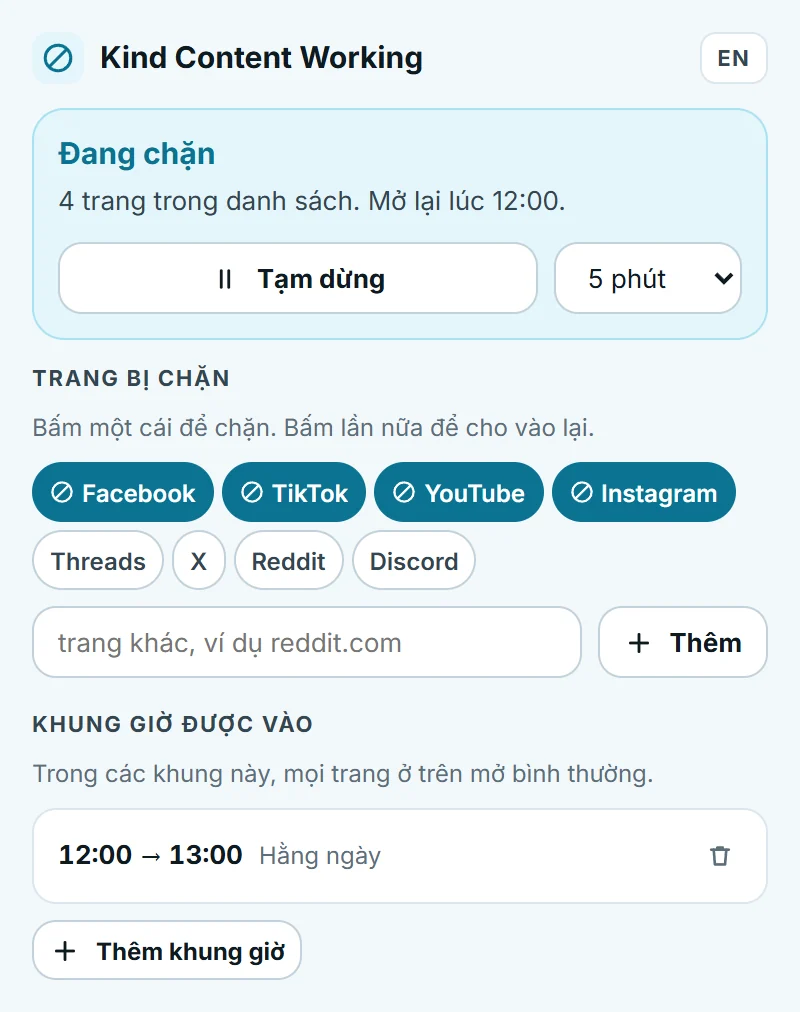Bảng của Kind Content Working: đang chặn Facebook, TikTok, YouTube và Instagram, mở lại lúc 12:00 trong khung giờ nghỉ trưa.