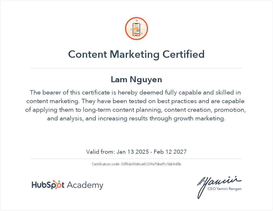 Chứng chỉ Hubspot của mình