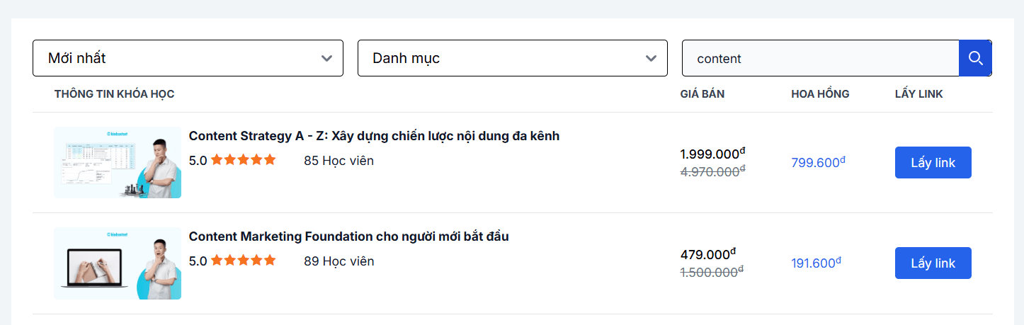 Vií dụ Affiliate Marketing trên Unica và nhận hoa hồng