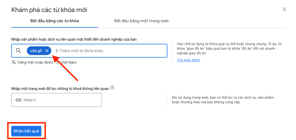 Nhập từ khóa vào Google Keyword Planner