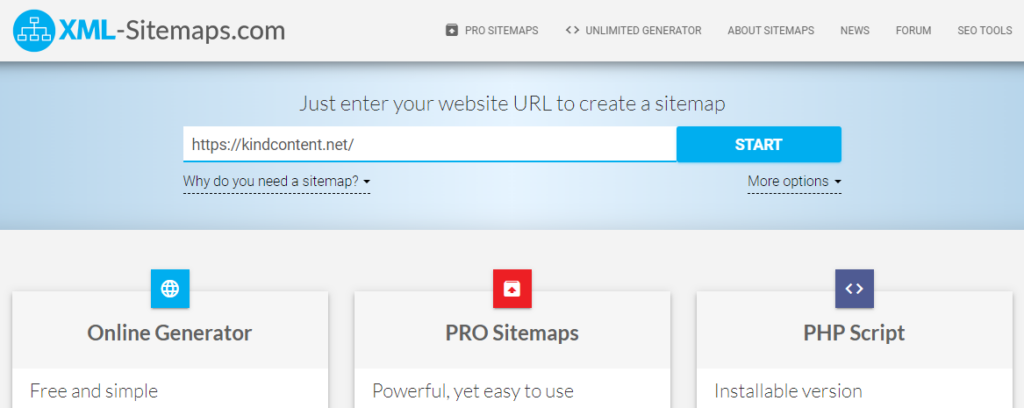 Nhập URL của website và bấm Start để tạo sitemap