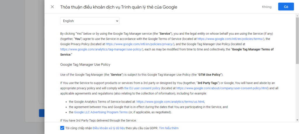 Tích chọn đồng ý vào ô điều khoản