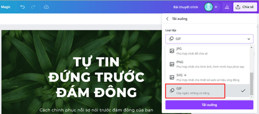 Kéo xuống cuối để chọn định dạng GIF