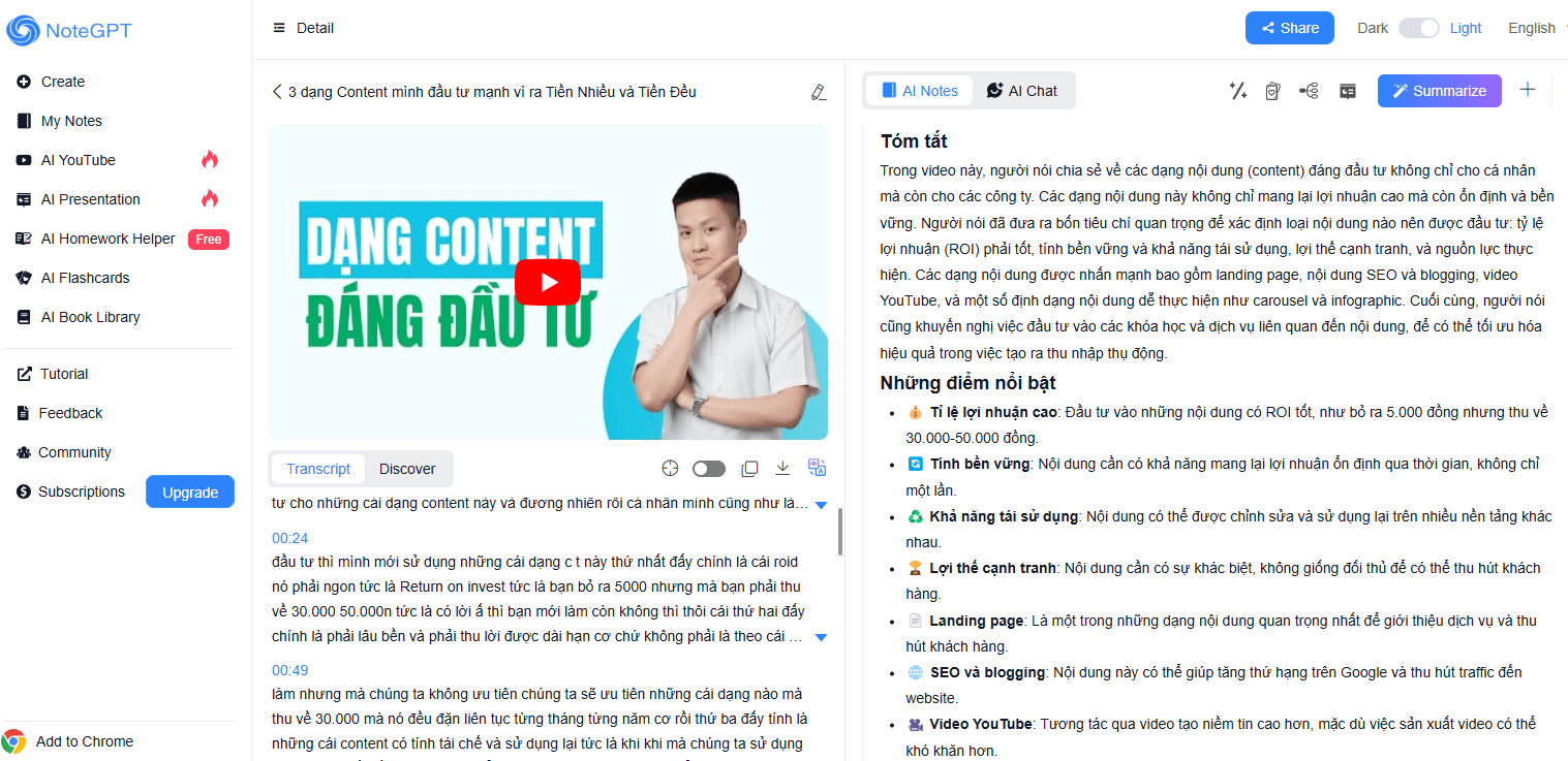 AI chuyển video thành chữ NoteGPT