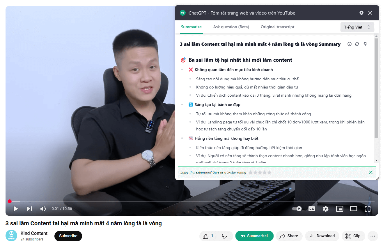 Extension tóm tắt Video ChatGPT Summarize
