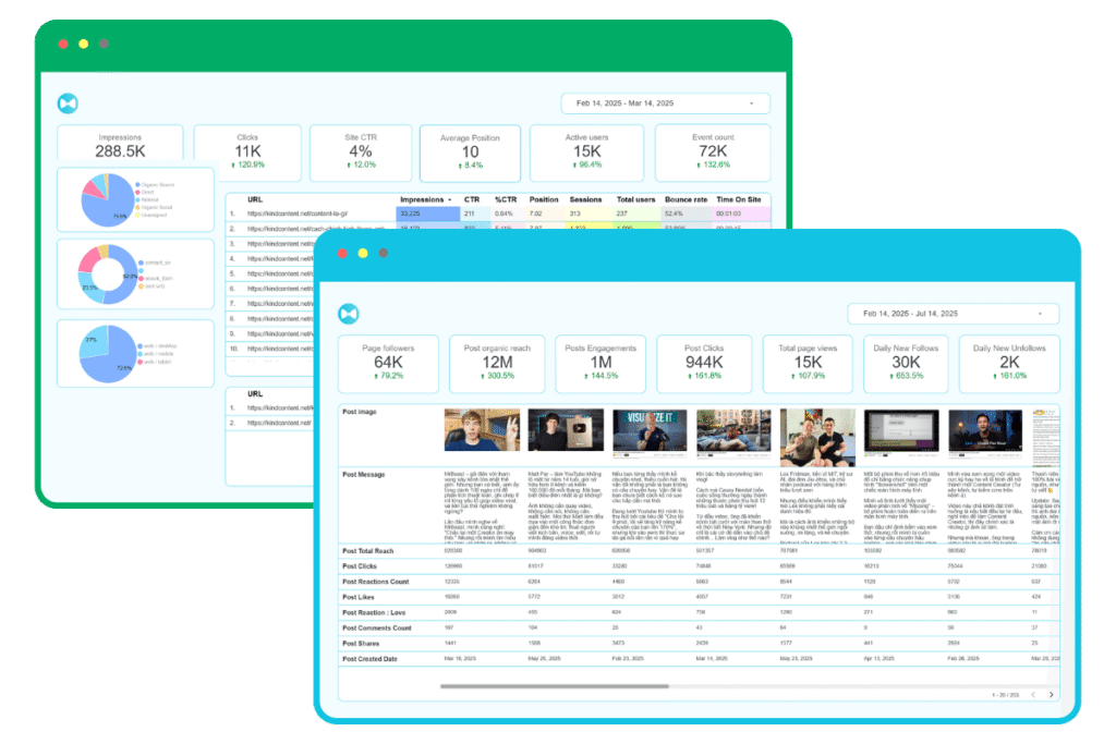 Report Social & Website trên một giao diện Looker Studio