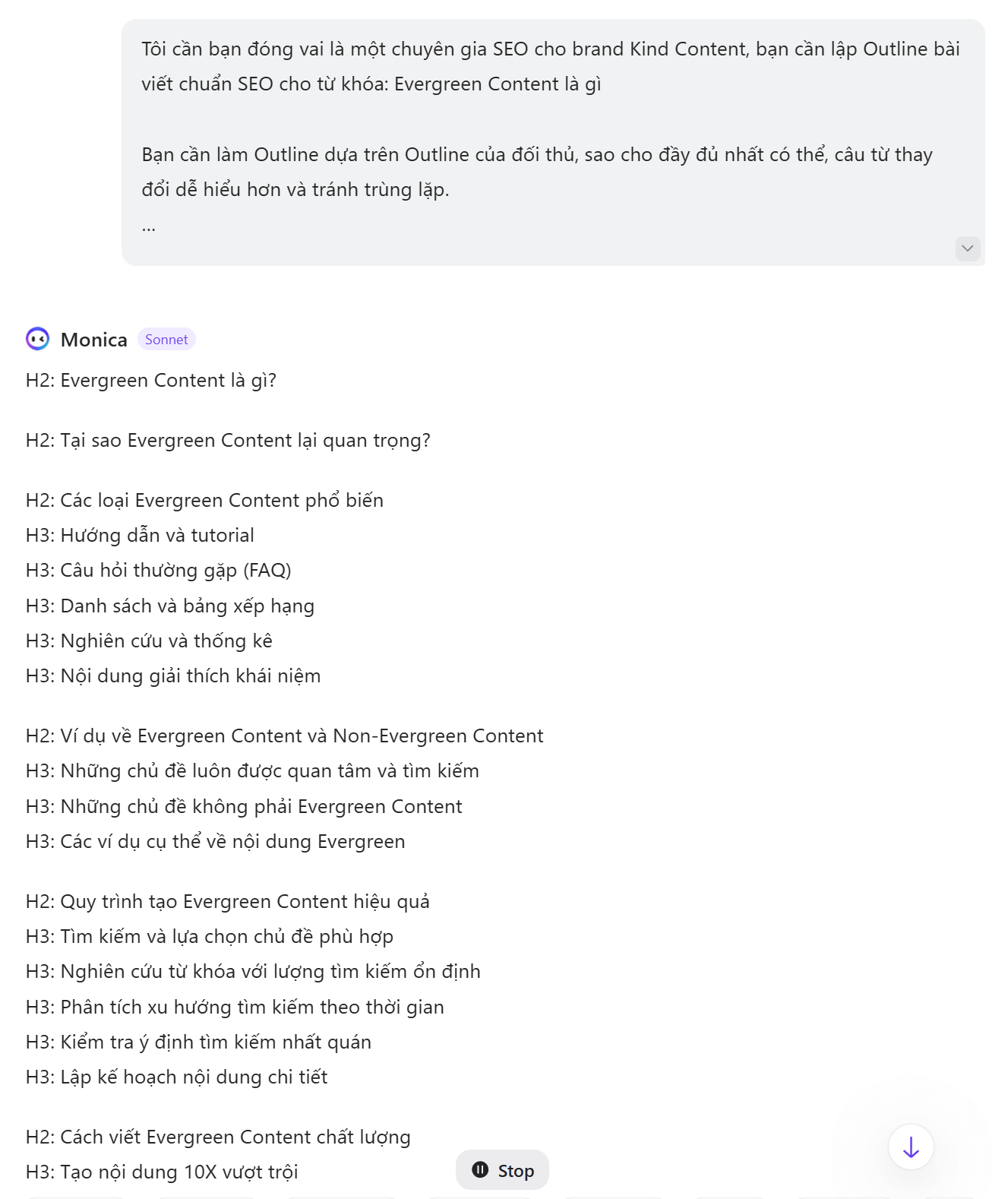 Kết quả AI viết Outline Content SEO trả về rất tốt