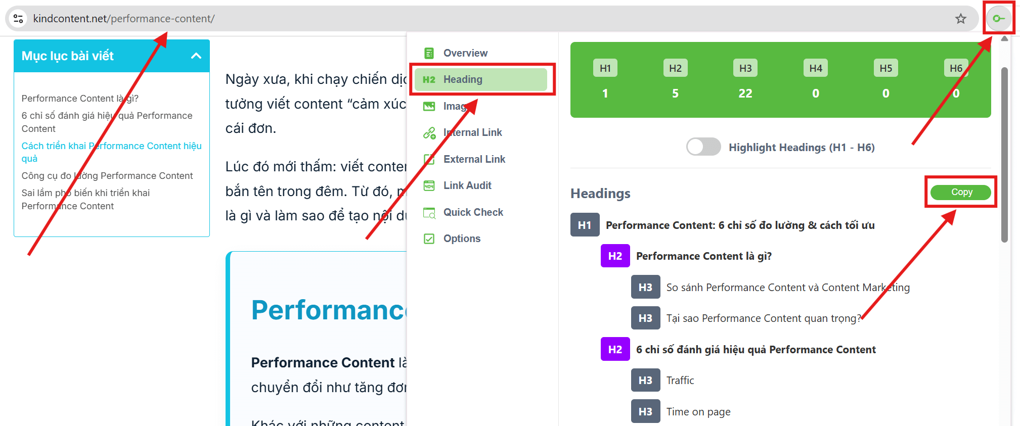 Dùng Extension SEO Center lấy nhanh heading bài viết
