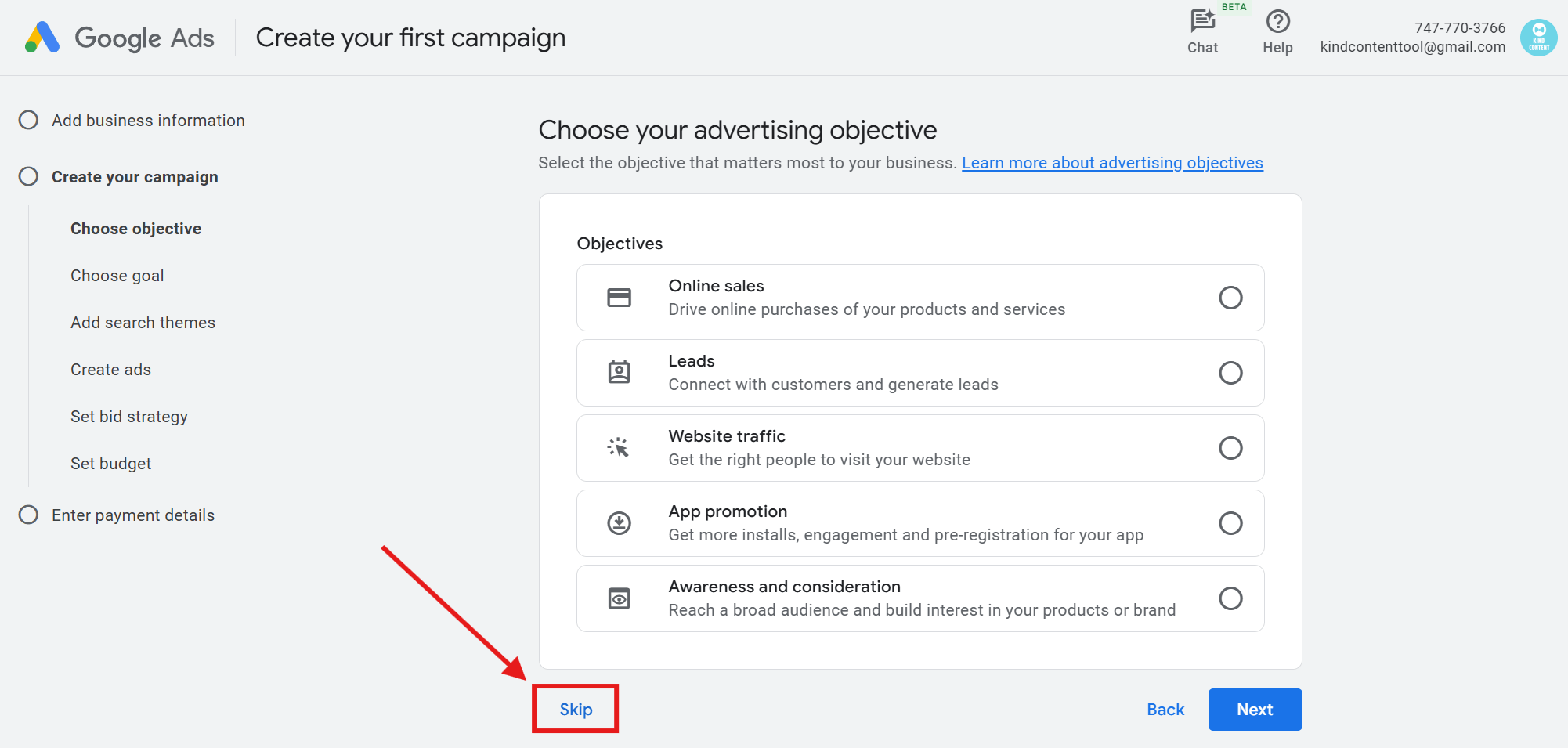 Skip, chưa cần điền thông tin Google Ads