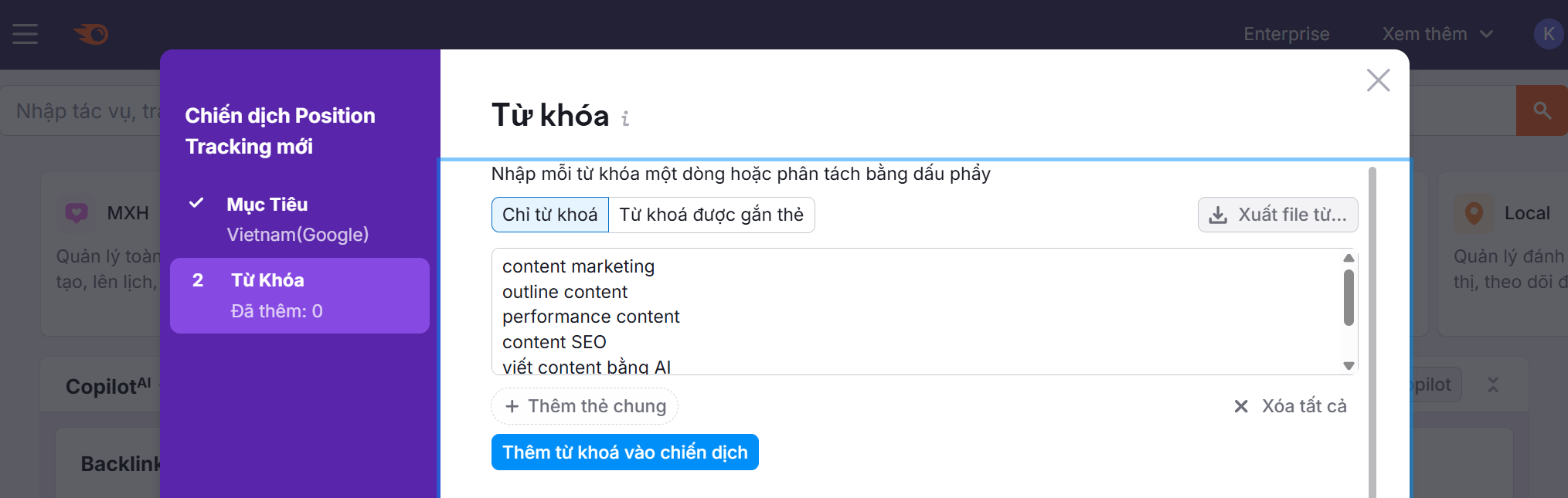Theo dõi thứ hạng từ khóa trên Semrush