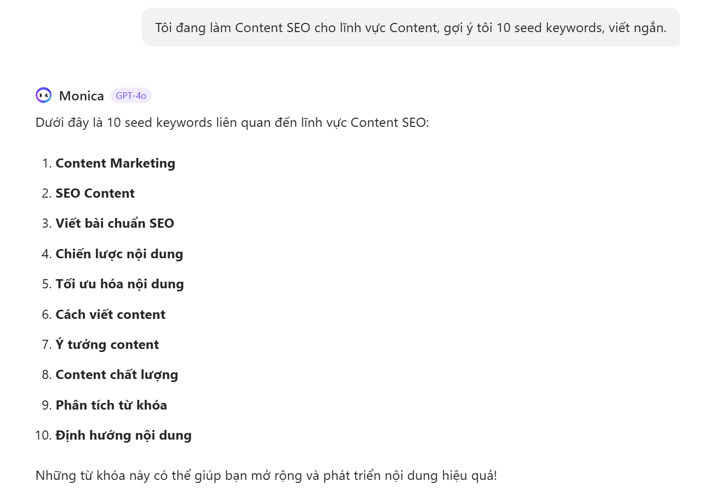 Tìm Seed Keywords với Monica AI