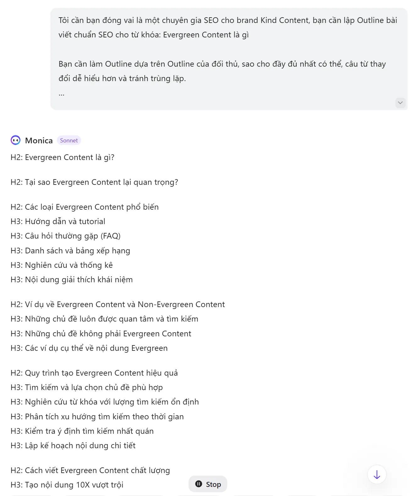 Kết quả AI viết Outline Content SEO trả về rất tốt