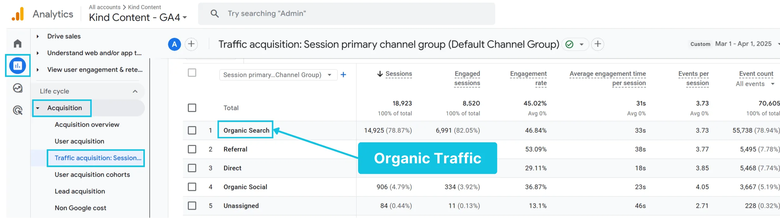 Chỉ số Orgarnic Traffic trên Google Analytics 4