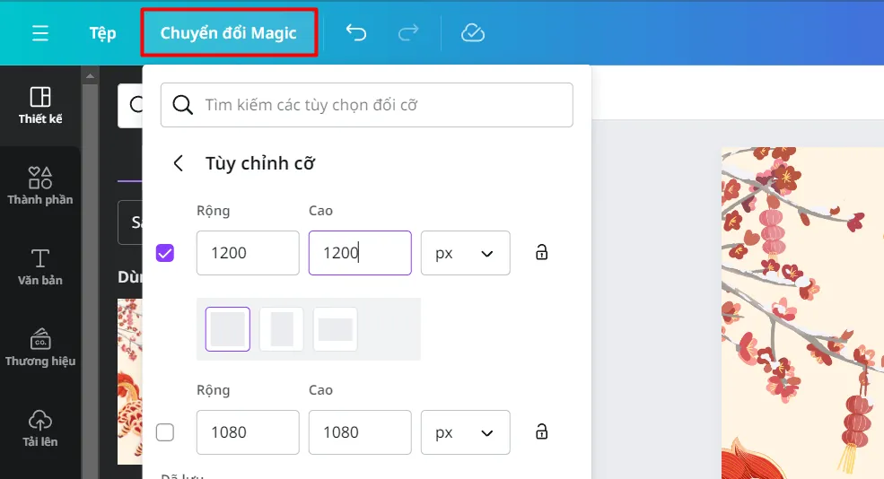 Chỉnh sửa kích thước thiết kế