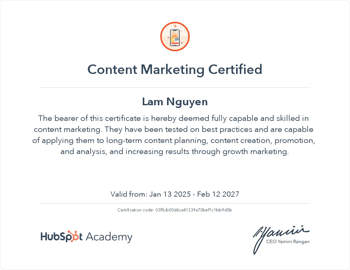 Chứng chỉ Hubspot của mình