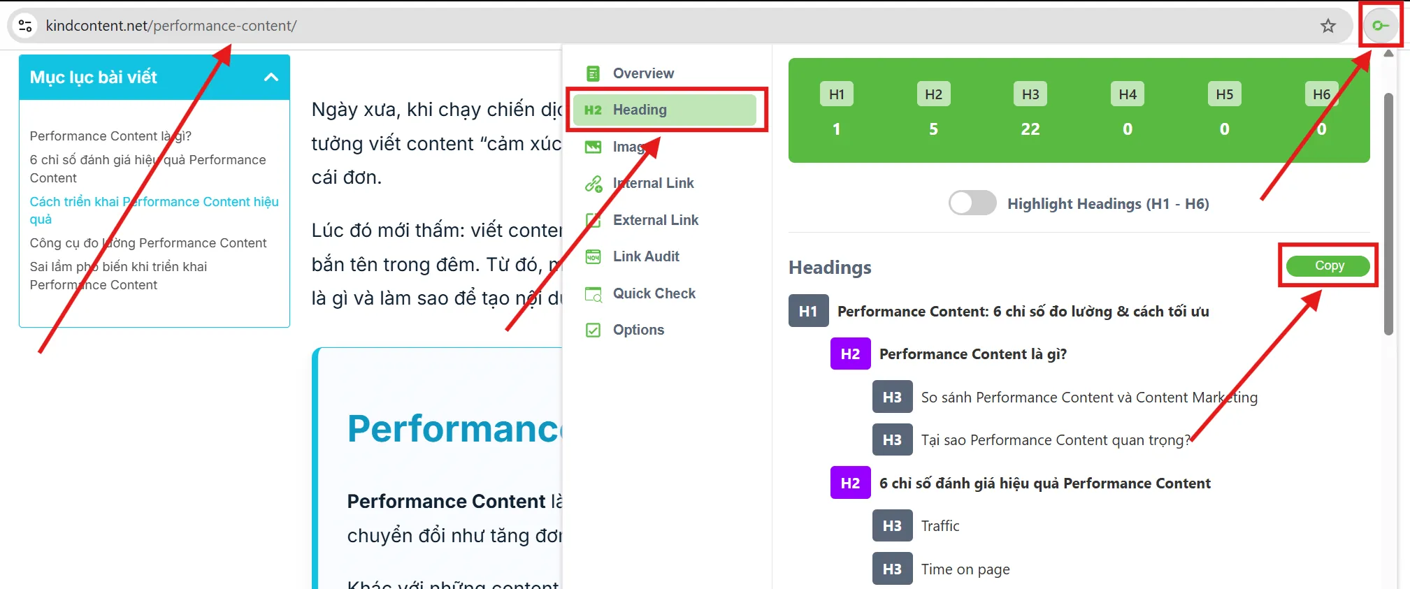 Dùng Extension SEO Center lấy nhanh heading bài viết