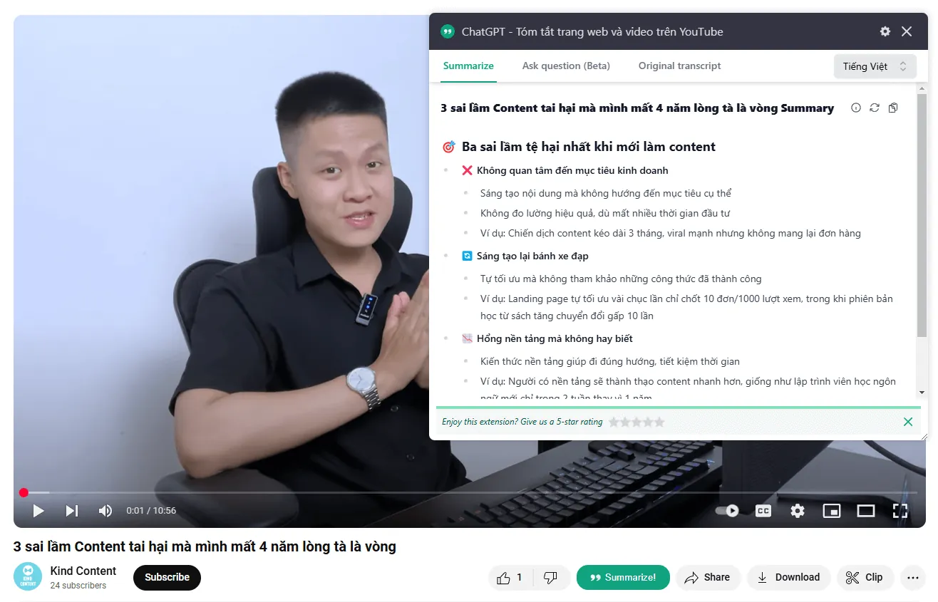 Extension tóm tắt Video ChatGPT Summarize
