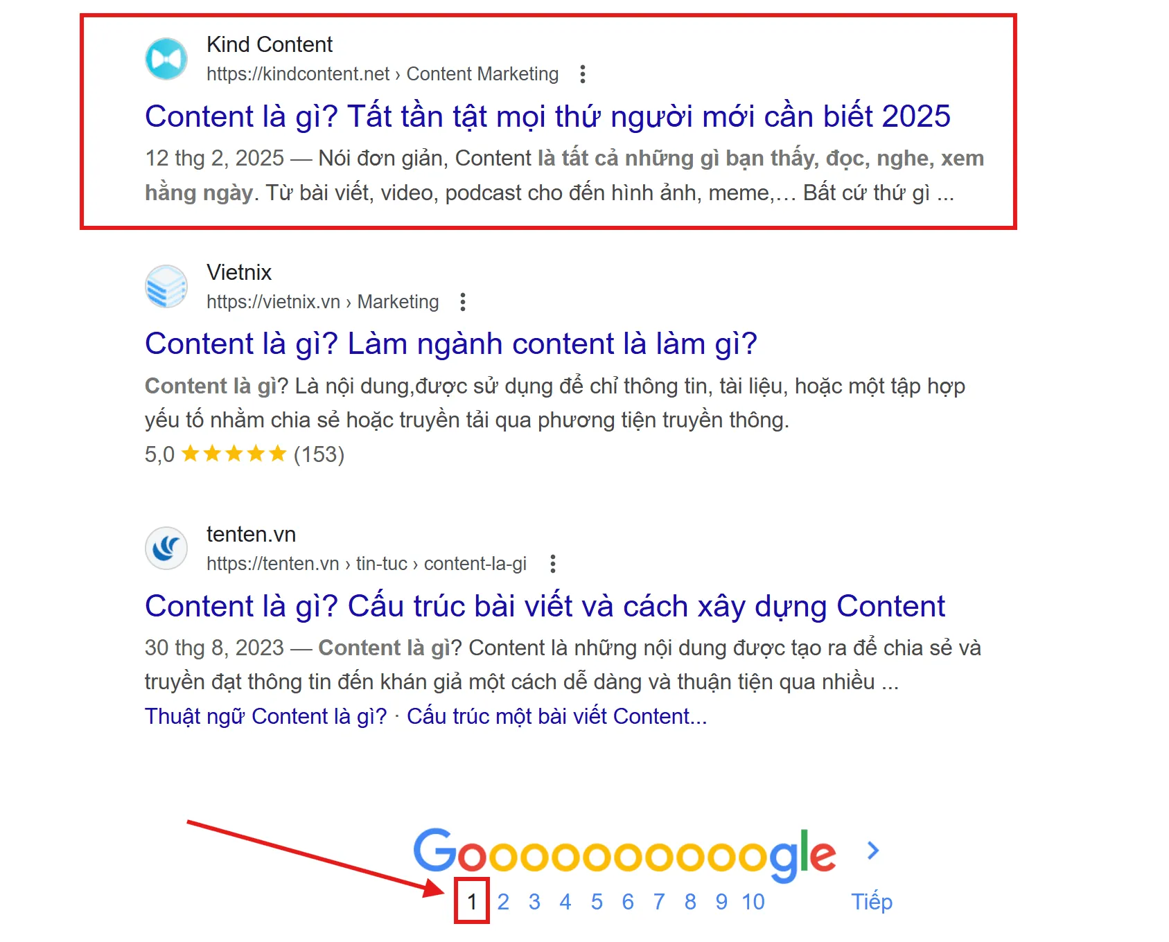 Keyword "content là gì" đã leo lên được trang 1