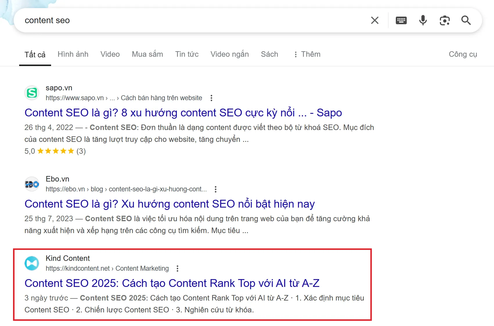 Keyword "Content SEO" của Kind Content nhảy từ lên top 3 dù mới viết mấy ngày
