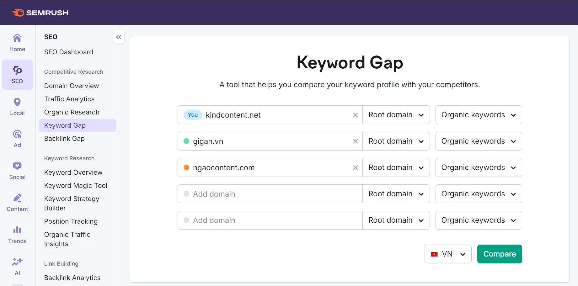 Phân tích Keyword Gap trên Semrush
