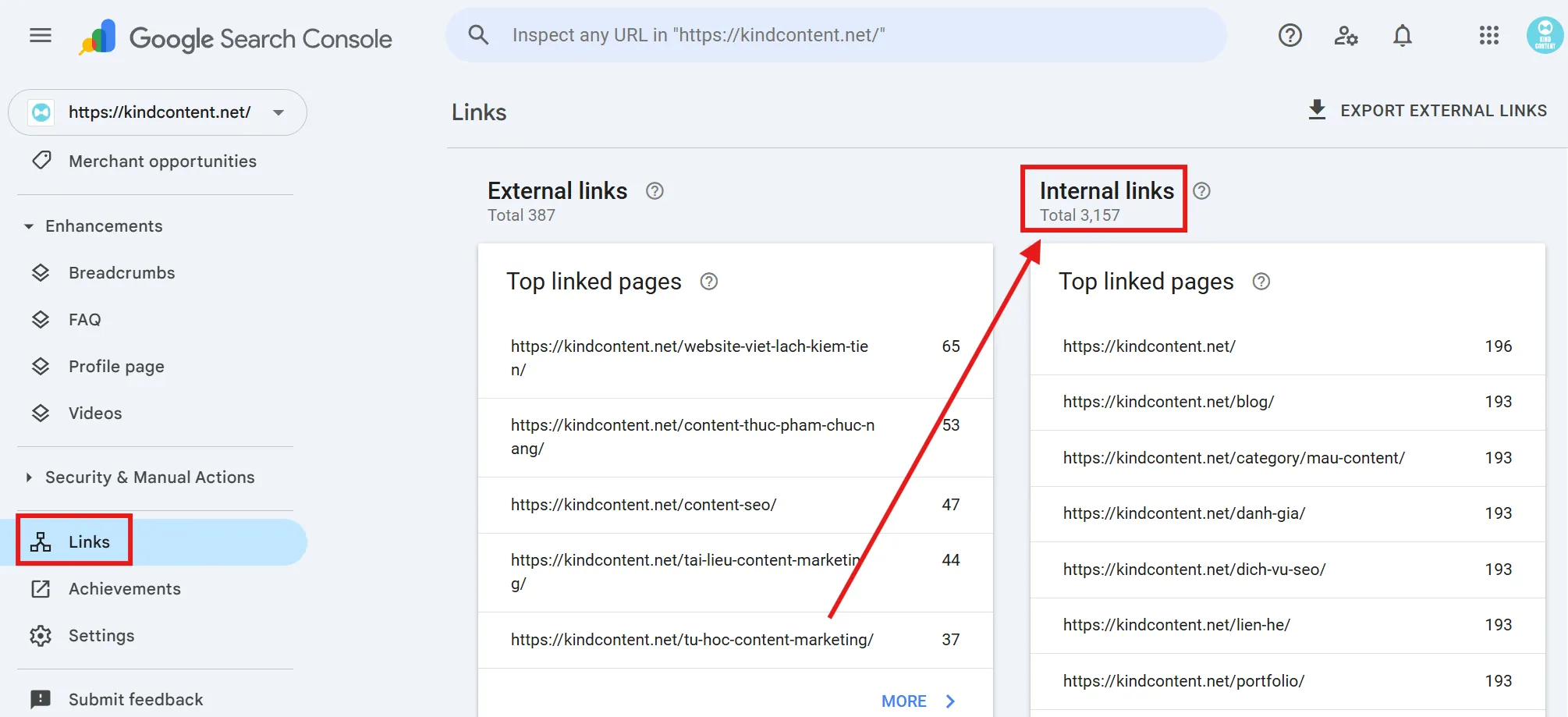 Kiểm tra Links trên Google Search Console