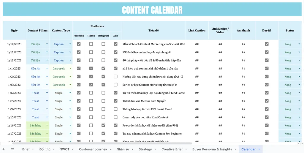 Mẫu Content Calendar