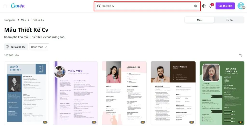 Tìm mẫu CV có sẵn trên Canva