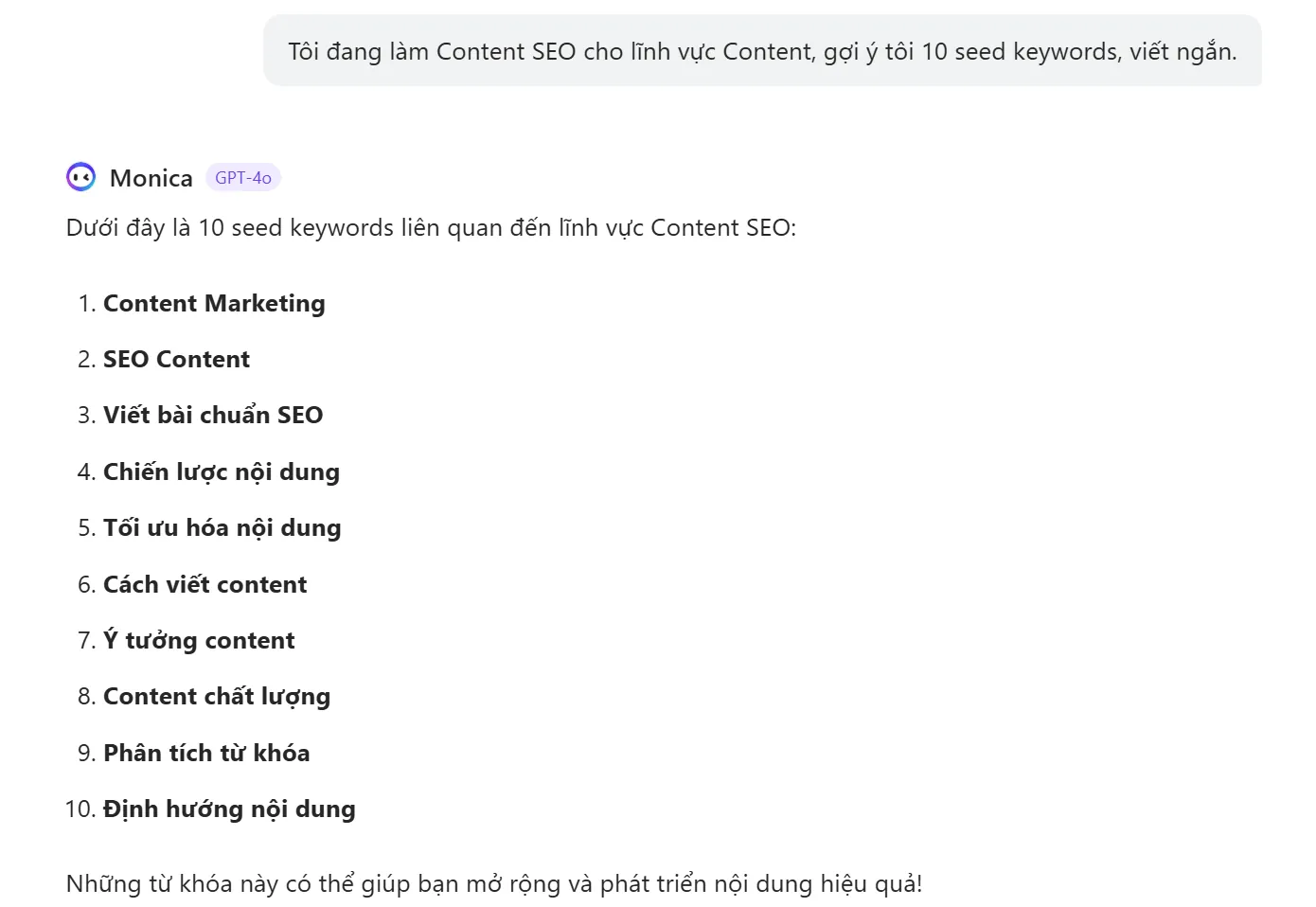 Tìm Seed Keywords với Monica AI